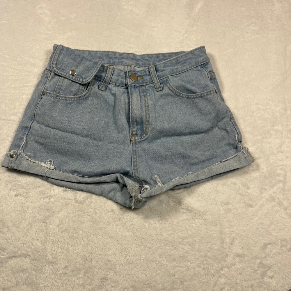 Light Wash Distressed Denim Shorts High Waisted Frayed Hem Size L 27 Waist